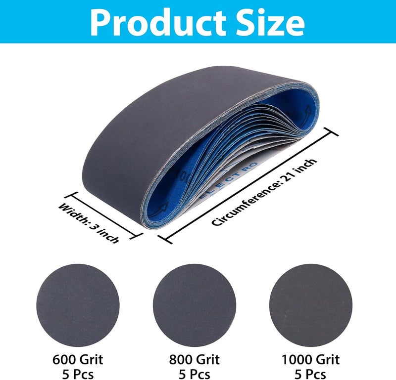 SHUTTLE GENIUS 15 Pack 3 x 21 Sanding Belts, Extra Fine Grit 3x21 Silicon Carbide Sander Belt, 5 Pcs Each of 600, 800, 1000 Grits Sanding Belt for Knife Sharpening - Image 2